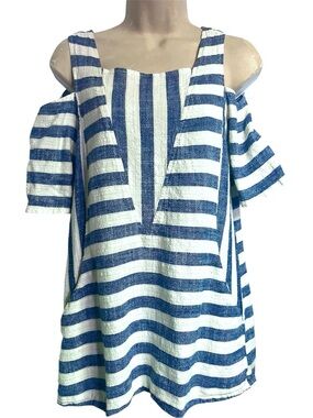 For Cynthia Blue White Striped Linen Cotton Blend Cold Shoulder Tunic Top S